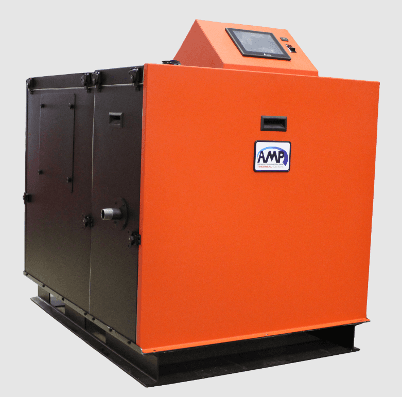 1250 MBH CommercialCondensing, "AMP" HydronicBoiler, Nat Gas firing fullymodulating 5:1 turndown 4-pass, Water tube- Durable 316L Stainless Steel HX 40*^T - 72.8 GPM@5.0' Ft Hd, 30*^T - 97GPM@8.4' Ft Hd, 20*^T - 145.5GPM@16.7' Ft Hd, 8"Intake/Exhaust 2-1/2" Groovedsupply/return connect, 1-1/4"NPT gas 5" Full Color TouchScreen/928 SIT Control 34-1/4"wide x 42-3/4" High x 66-1/8"Depth # AMP-1250