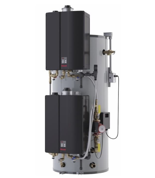 119-gall, 320MBH, Nat Gas, modulating-Tank Hybrid System, vertical double-engine, 1-1/2" Gas, 1-1/2"  Inlet/Outlet connect, 2"/3" Direct Vent, PowerVent, Common-vent (up to 8-units), 376GPH recovery @ 100*^ T, 8yr warranty on HX, 6yr storage tank, 5yr parts