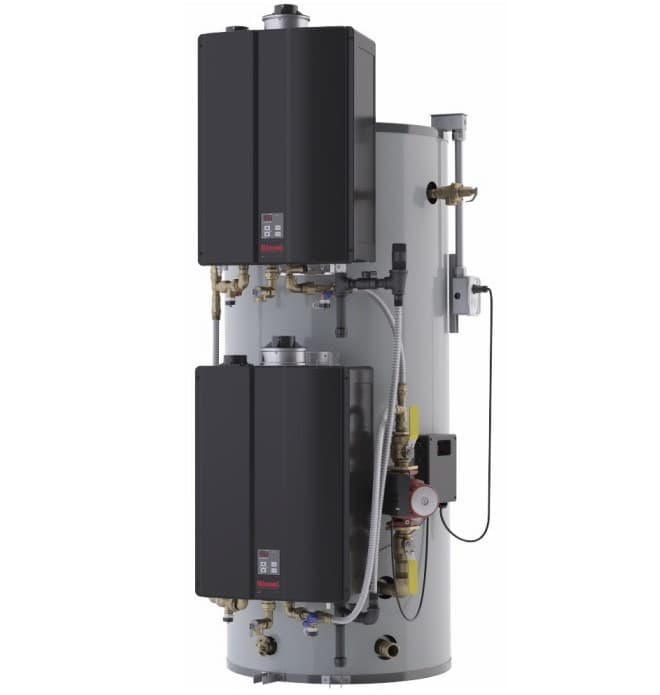 119-gall, 398MBH, Nat Gas, *ASME* modulating-Tank Hybrid System, vertical double-engine, 1-1/2" Gas, 1-1/2"  Inlet/Outlet connect, 2"/3" Direct Vent, PowerVent, Common-vent (up to 8-units), 459GPH recovery @ 100*^ T, 8yr warranty on HX, 6yr storage tank, 5yr parts