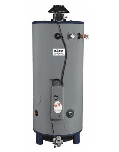 Bock EZ100-199N EZ-Fit comm gas-fired water heater. 100 gal tank capacity, 199 MBH nat gas input. 80% Thermal efficiency Includes: TurboFlue single-flue design, auto flue damper, elec ignition, T&P valve, drain valve, 5-year tank warranty. # 55595
