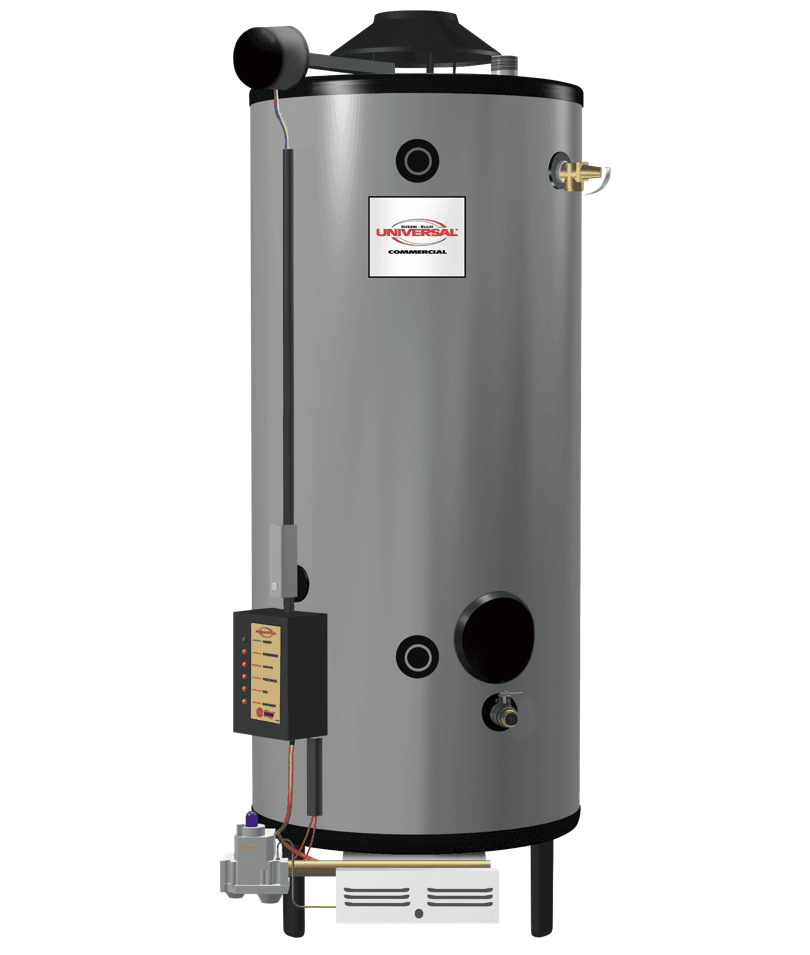 Rheem G100-200 100 gallon, 199 MBH nat gas input. Commercial gas-fired, gravity-vent water heater. Includes: glass-lined steel tank, System Sentinel LED diagnostics, brass drain valve, T&P relief valve, auto flue damper, 3-year tank/1-year parts warranty.