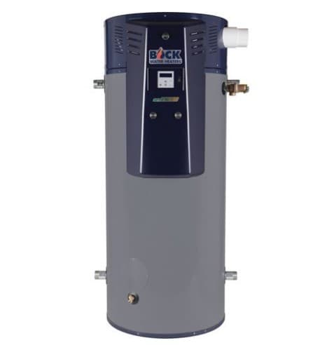Bock OT125N OptiTherm comm gas-fired, condensing, water heater. 99 gallon glass-lined steel tank (Non-ASME), 60-to-125 MBH modulating nat gas input, up to 99% efficient. 120/1 blower assby, T&P valve, brass drain valve, no anode rod required, 5-year tank/1-year parts warranty. Power/direct vents w/ PVC or CPVC (not included). # 55800