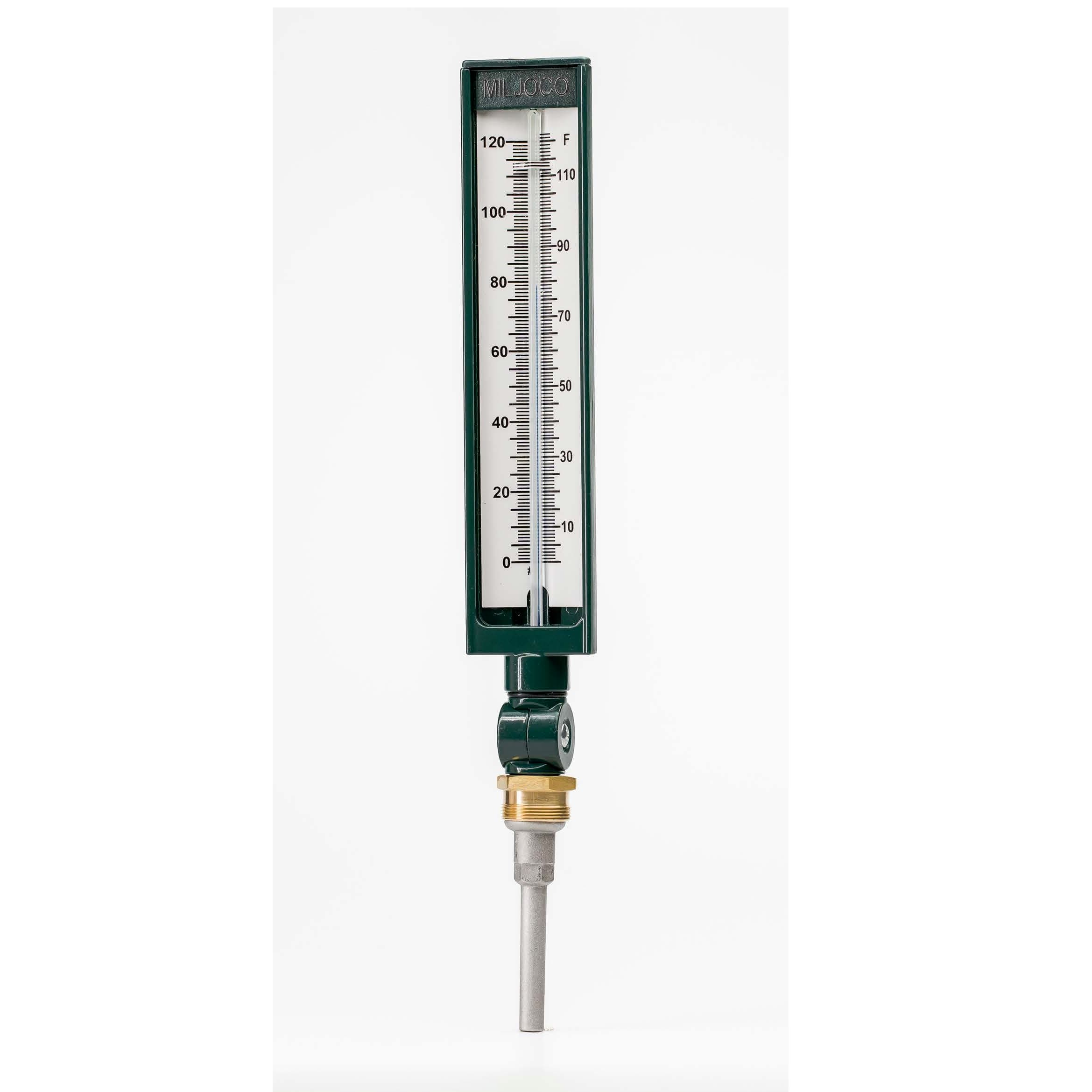 9" Industrial thermometer, 0-120*F Range 3-1/2" stem, spirit fill