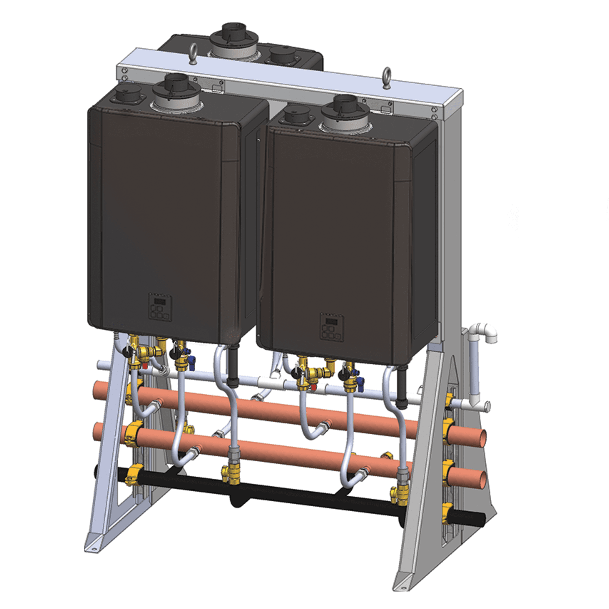 3 Unit (597MBH) Freestanding Rack Provides built-in redundancy by banking individual Tankless Water Heaters to ensure your customer's hot water supply keeps ?owing even if a unit is down and provides 98% Thermal Effeciency and 39 to 1 Turndown Ration