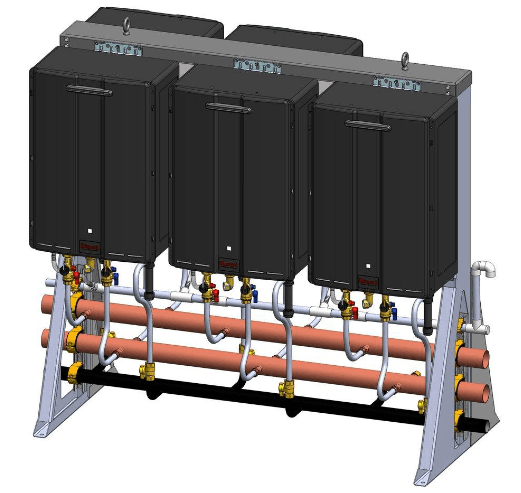5 Unit - 995MBH Freestanding Rack system 27 GPM flow @ 70*F rise, 19 GPM flow @ 100*F rise 66"x70"x35"2-1/2" HW/CW truck line, 1-1/2" gas MNPT, 3/4 condensate