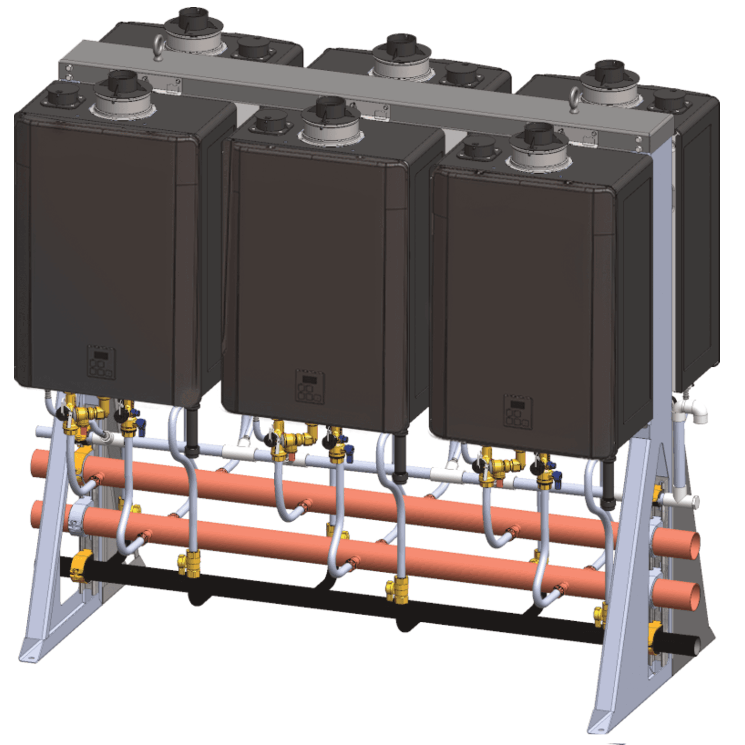 6 Unit - 1,194MBH Freestanding Rack system 32.4GPM flow @ 70*F rise, 22.8 GPM flow @ 100*F rise 66"x70"x35"2-1/2" HW/CW truck line, 1-1/2" gas MNPT, 3/4" condensate