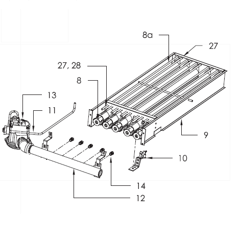 Complete D-series burner tray (tubes, rods, tray, manifold, orifices, rod spring & clips, pilot burner, supply tube, and gas valve)